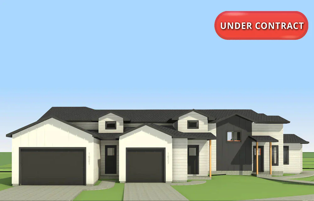 Architectural rendering of a modern single-story house with an “UNDER CONTRACT” banner in the upper-right corner.